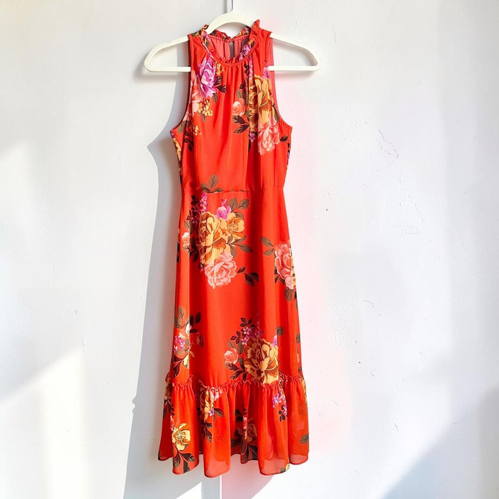 Donna Morgan Dress Women's 2 Orange Floral Midi Ruffle Chiffon Wedding Guest